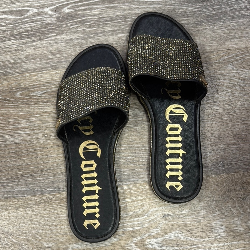 Juicy Couture Black Sandals with Gold Sparkle Size 10